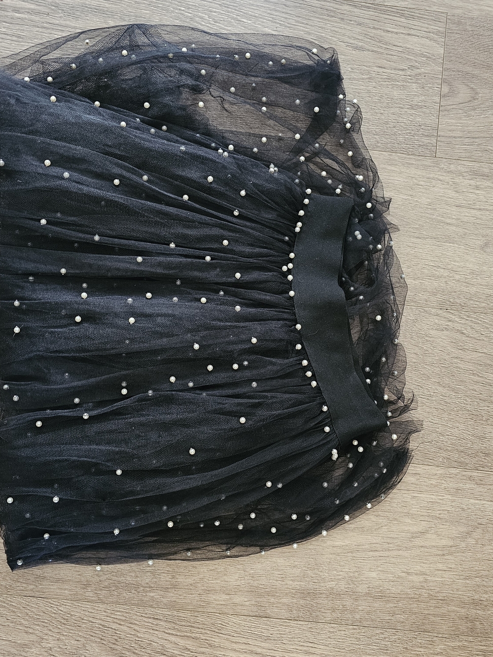 Hot & Delicious Black Tulle Midi Skirt with Pearl Embellishments
